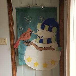 Snowman w Scarf, Cap,Twig Arm& Red Cardinal, Flag, Door or Window Display